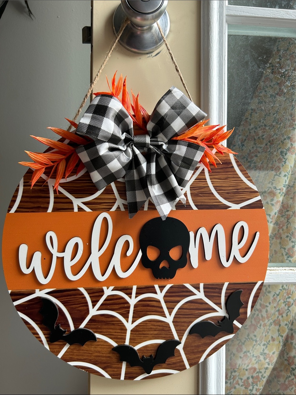 Halloween Orange 'Welcome' Round Wooden Wall Sign with Black Skull Accent - Picture 2 of 10